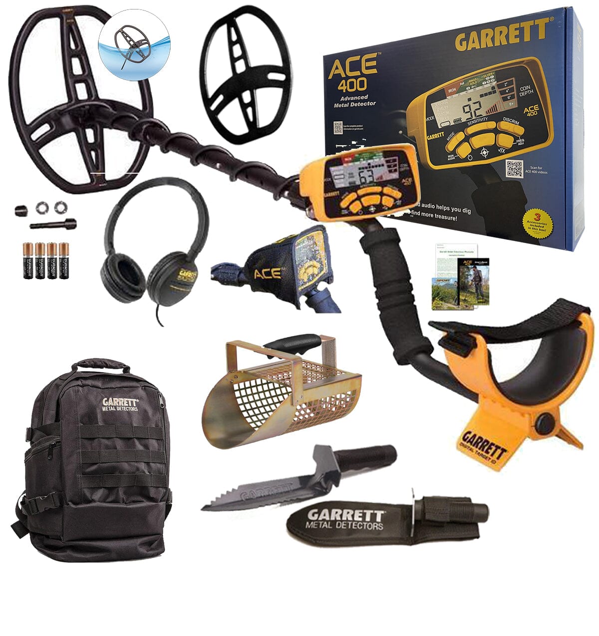 Garrett ACE 400 Metal Detector with Garrett Gear: Daypack, Sand Scoop, Digger