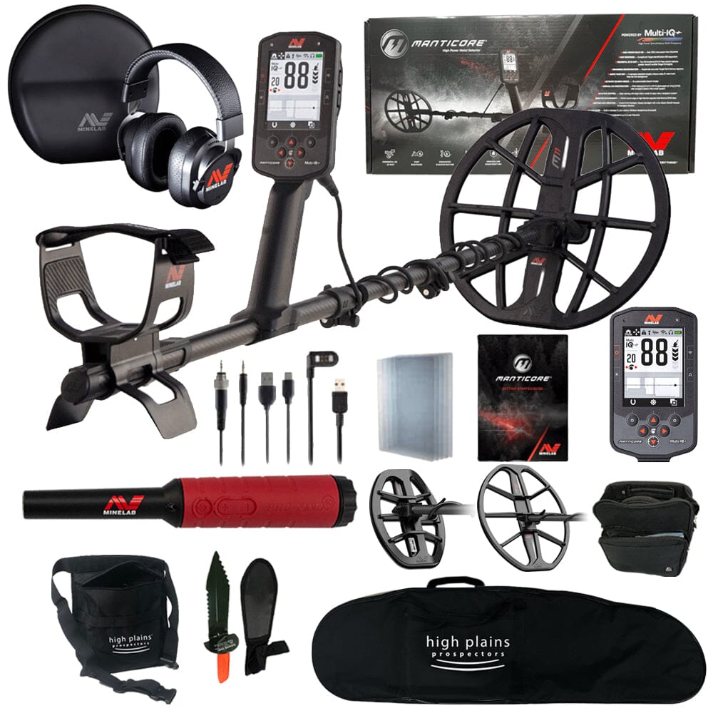 Minelab Manticore Metal Detector, Pro-Find 40 Pinpointer with FREE 15" M15 Coil, 8" M8 Coil, and Gear