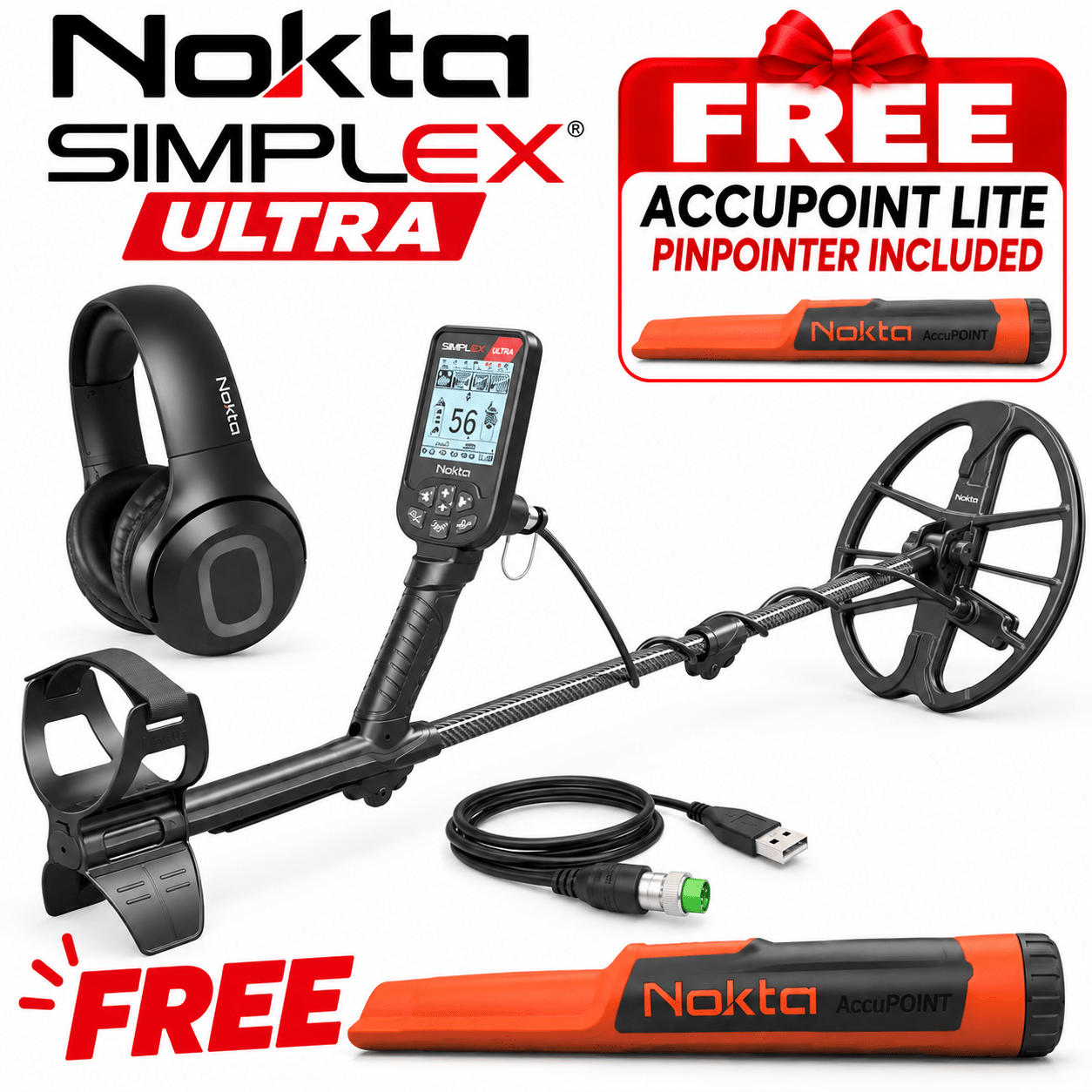 Nokta Simplex ULTRA Metal Detector with Carbon Fiber Shafts, Bluetooth Wireless Headphones Included