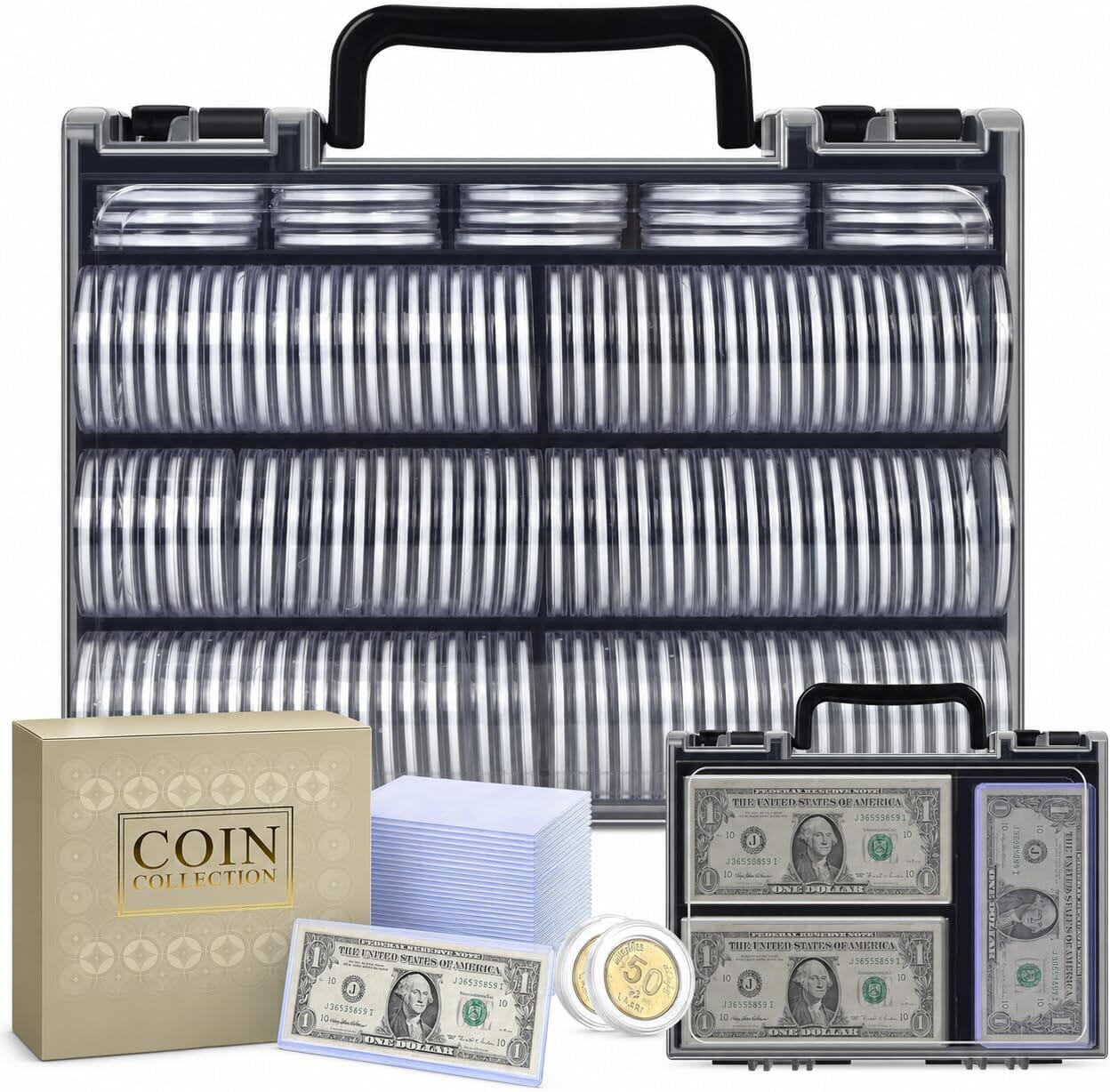 Coin Collection Storage Case with 46mm Coin Capsules, Foam Gaskets & Currency Sleeves | Complete Coin Organizer Kit