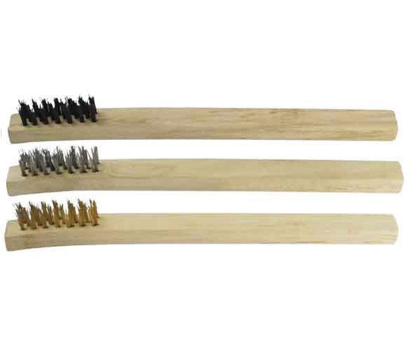 8" Wire Brush Set with Wood Handle - Stainless Steel, Brass, and Nylon Brushes