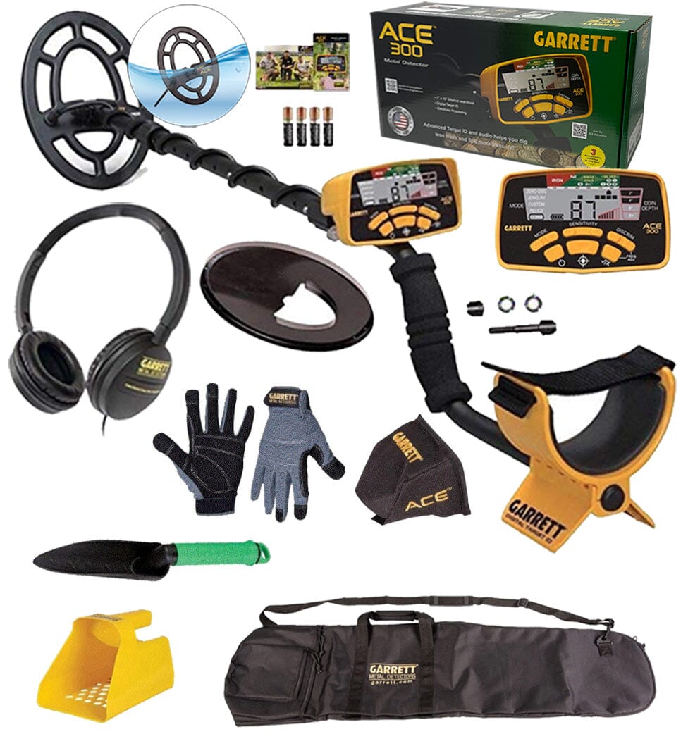 Garrett Ace 300 Metal Detector with Garrett All-Purpose Carry Bag, Treasure Digger, Plastic Sand Scoop & Detecting Gloves