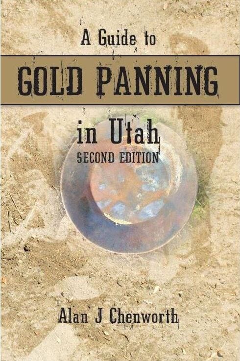 Book cover of 'A Guide to Gold Panning in Utah' with a gold pan illustration on a textured background