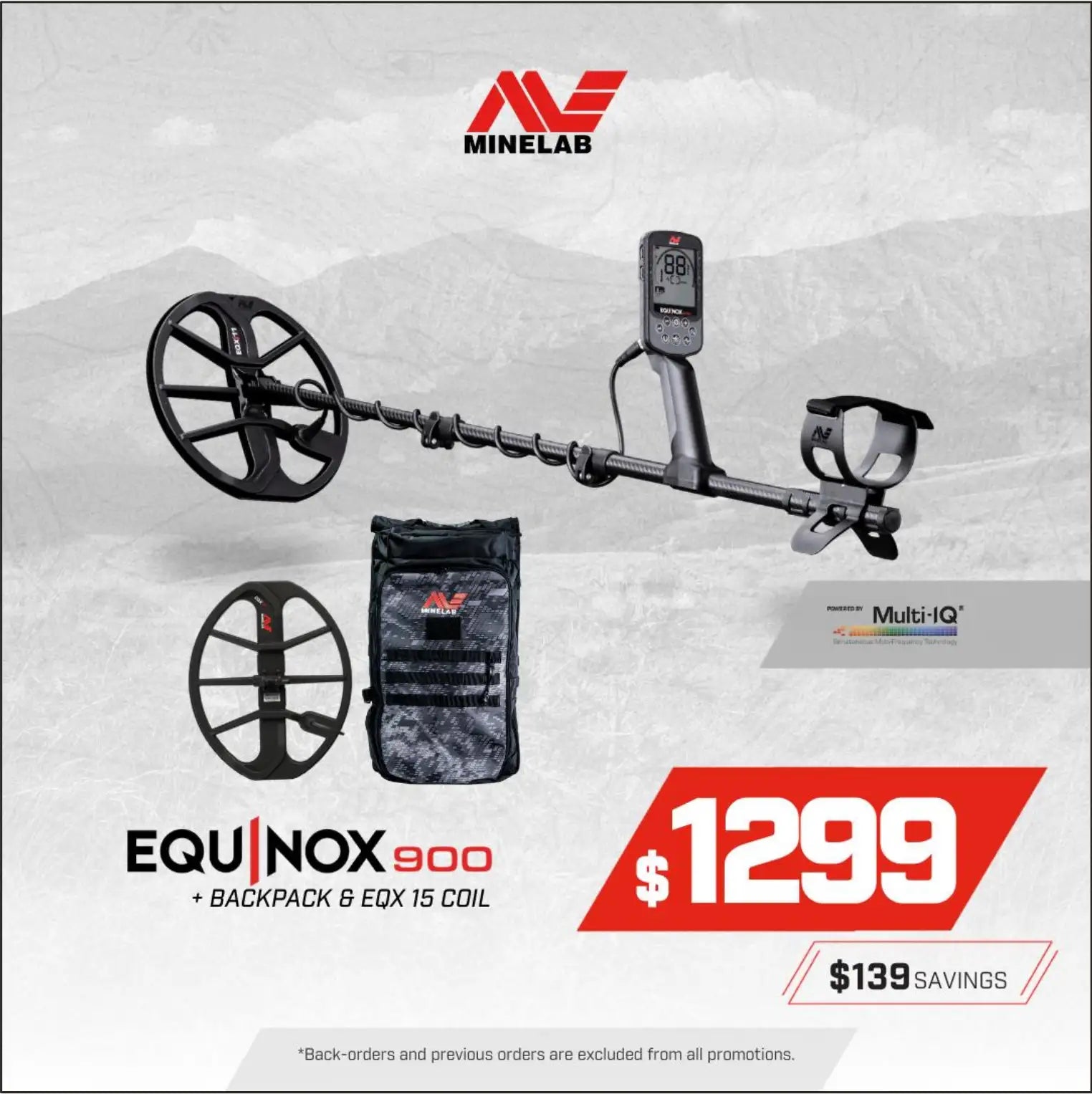 Minelab EQUINOX 900 + EQX 15 Coil + Backpack Bundle