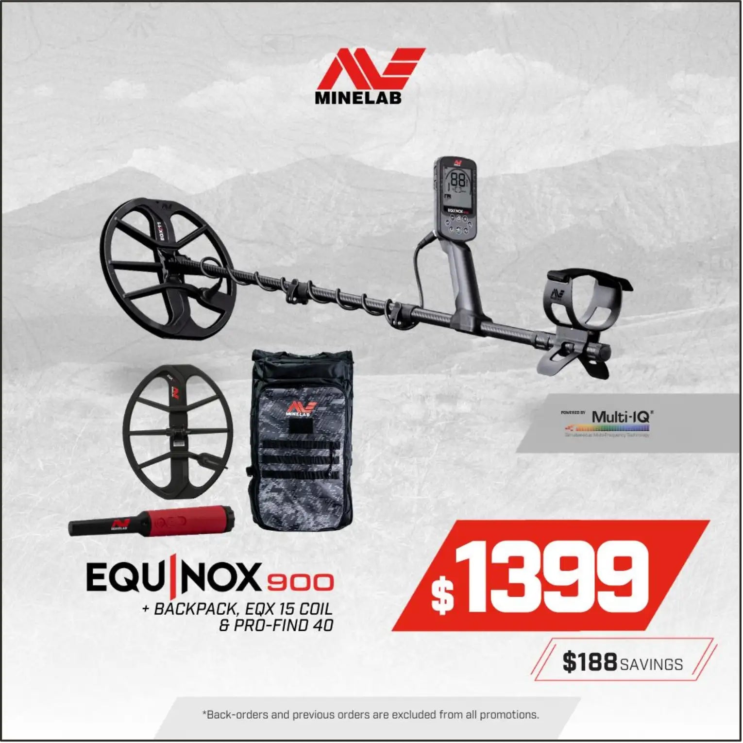 Minelab EQUINOX 900 + PRO-FIND 40 + EQX 15 Coil + Backpack Bundle
