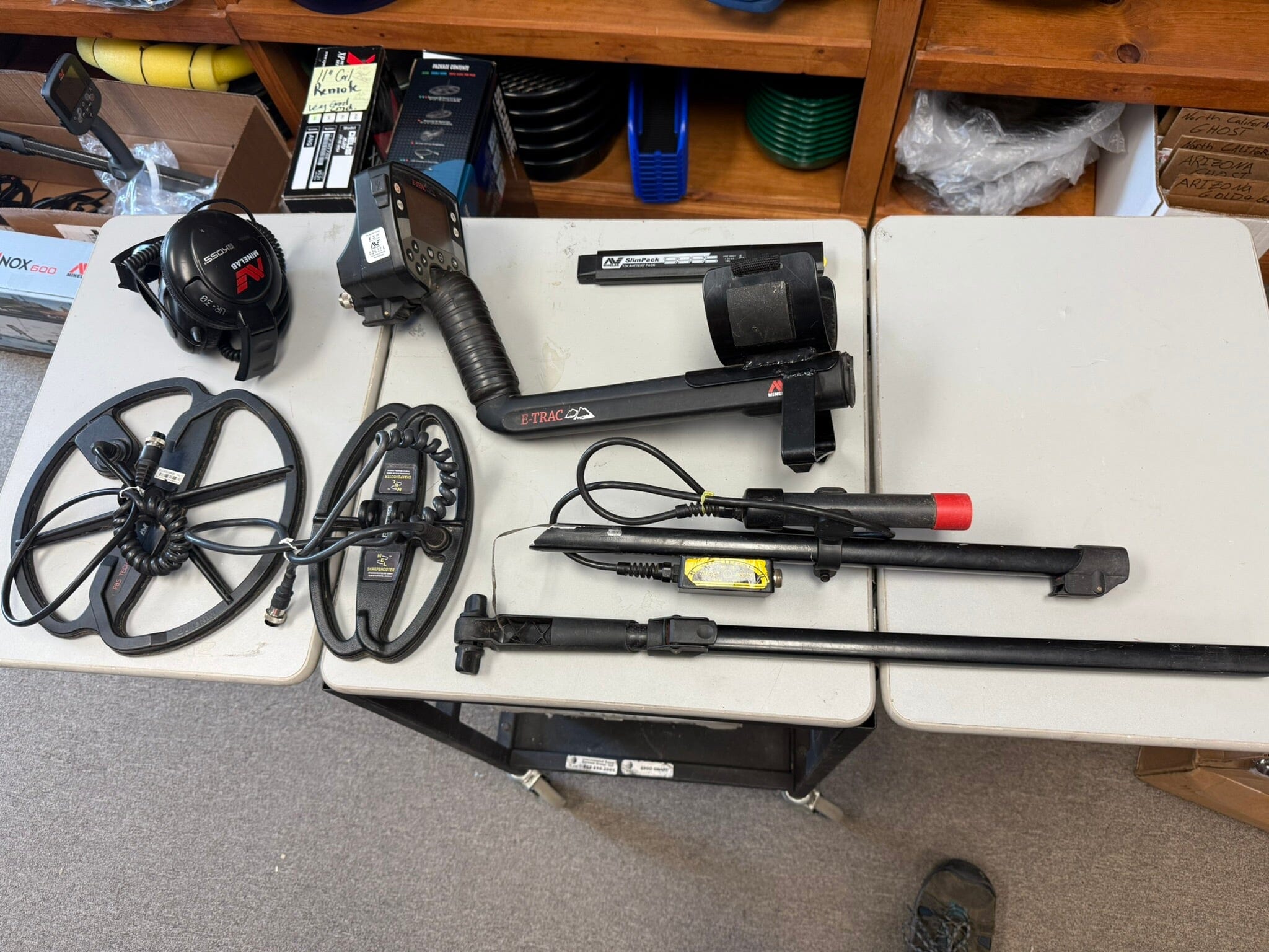 Used Minelab E-Trac metal detector with Sunray Probe, Nel Sharpshooter Coil, & Koss UR-30 Headphones