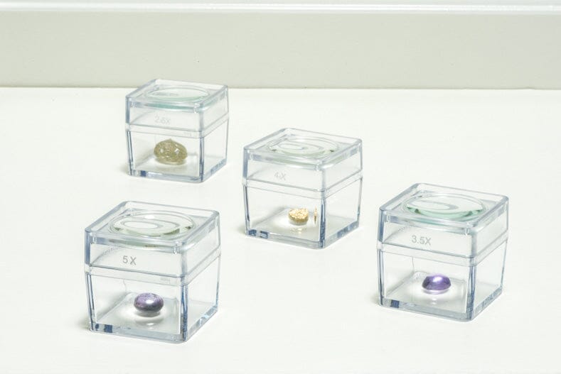 4 Box-4 Lids Snap-On Magnifier Cube Set (1.5" Dia) 2.5X, 3.5X, 4X, 5X