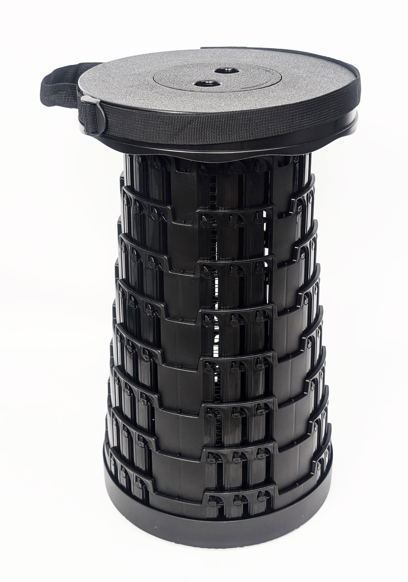 Portable Collapsible Black Stool With Handle, Strap & Storage Safety 