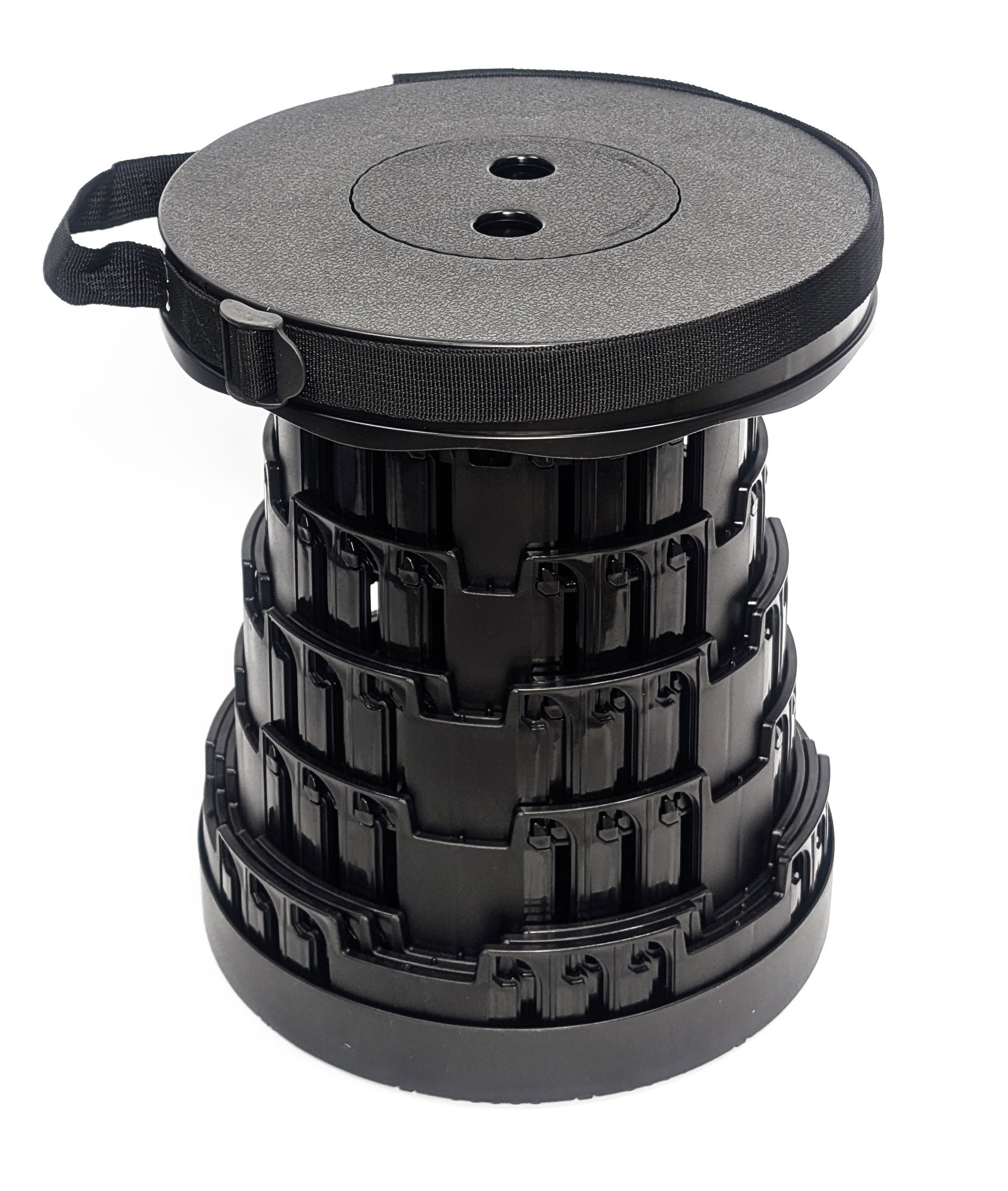 Portable Collapsible Black Stool With Handle, Strap & Storage Safety 