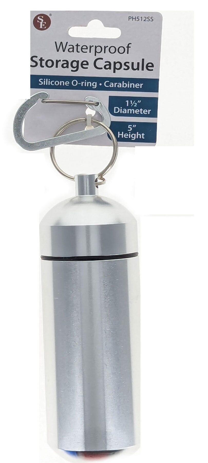 5" Waterproof Silver Jumbo Aluminum Container /Capsule with Carabiner (5" L X 1 1/2" D)