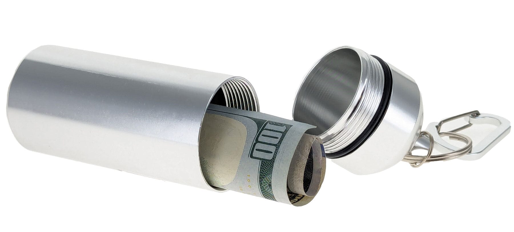 5" Waterproof Silver Jumbo Aluminum Container /Capsule with Carabiner (5" L X 1 1/2" D)