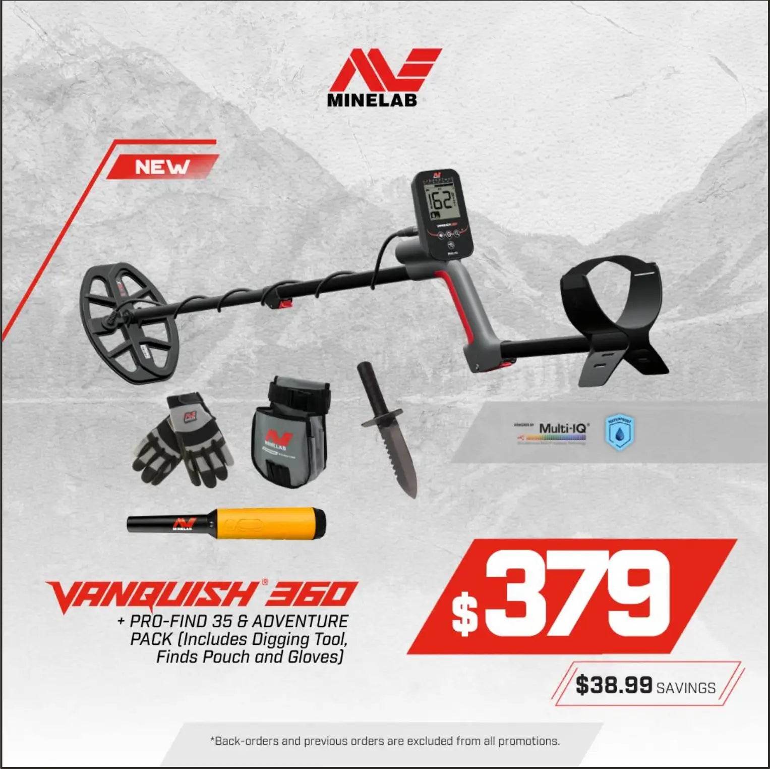 Minelab VANQUISH 360 + PRO-FIND 35 + Adventure Pack Bundle