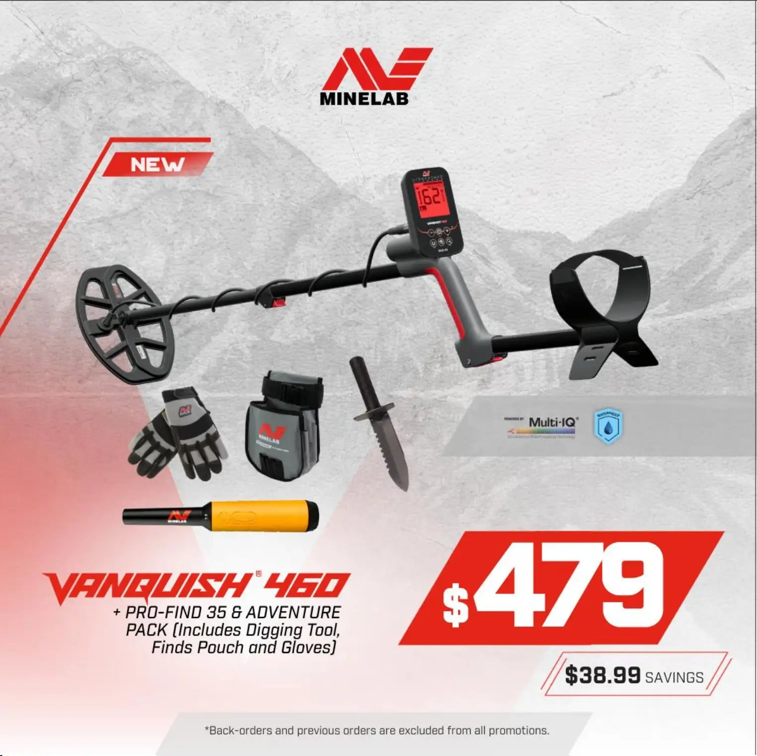 Minelab VANQUISH 460 + PRO-FIND 35 + Adventure Pack Bundle