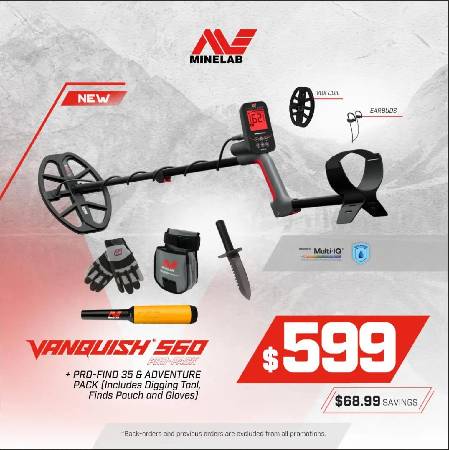 Minelab VANQUISH 560 Pro-Pack + PRO-FIND 35 + Adventure Pack Bundle