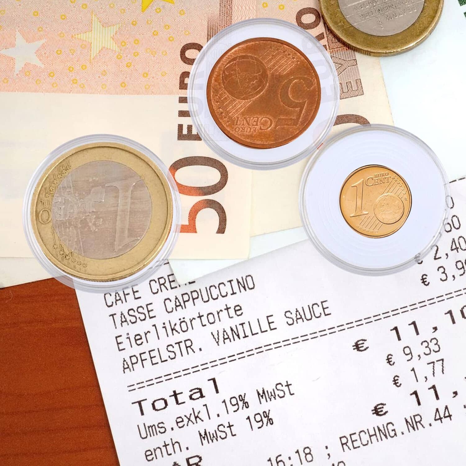 Adjustable clear coin holders displaying different coin sizes