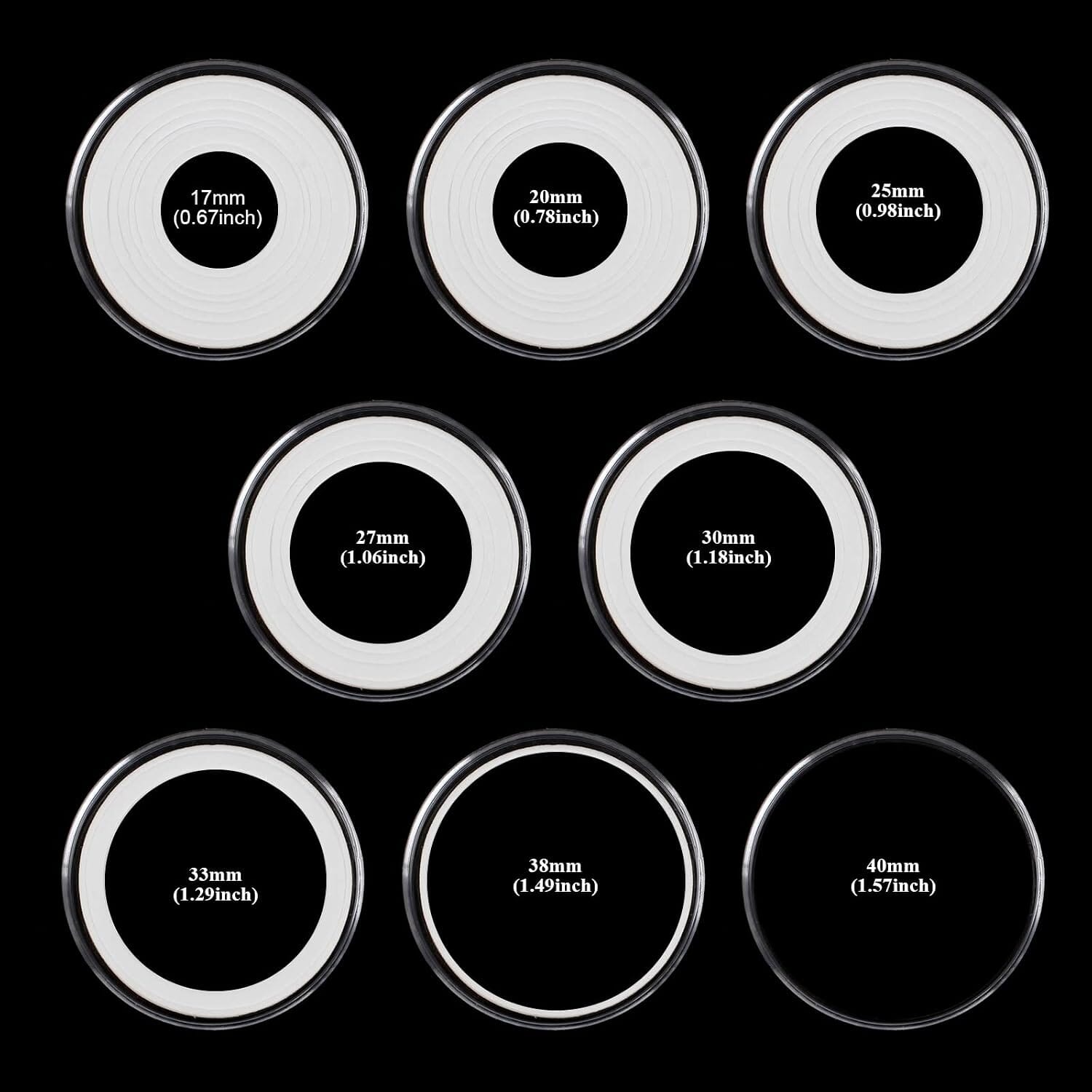 Adjustable coin capsule insert size guide from 17 to 40 mm