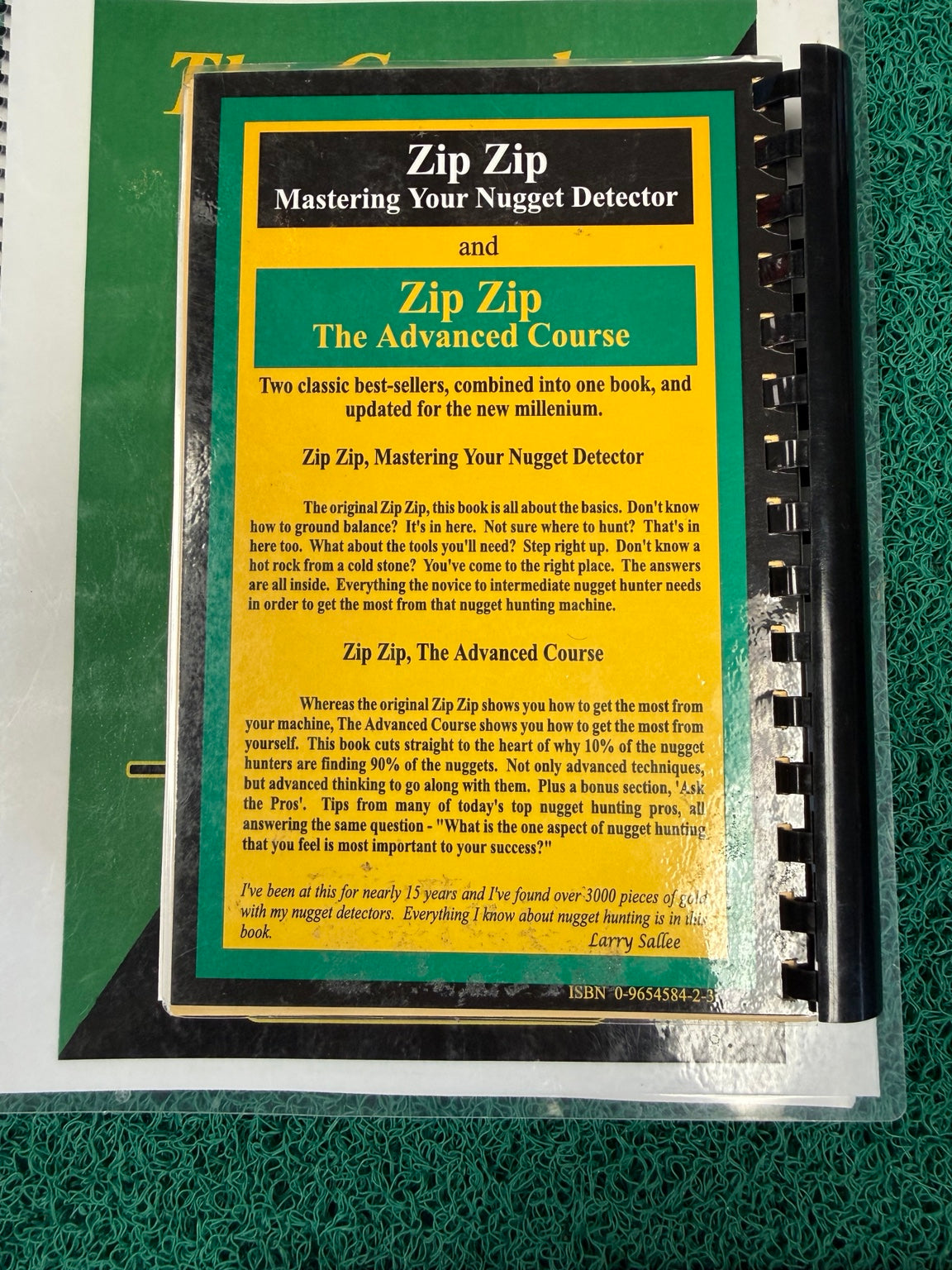 Back cover of The Complete Unabridged Zip Zip by Larry Sallee describing nugget detecting courses