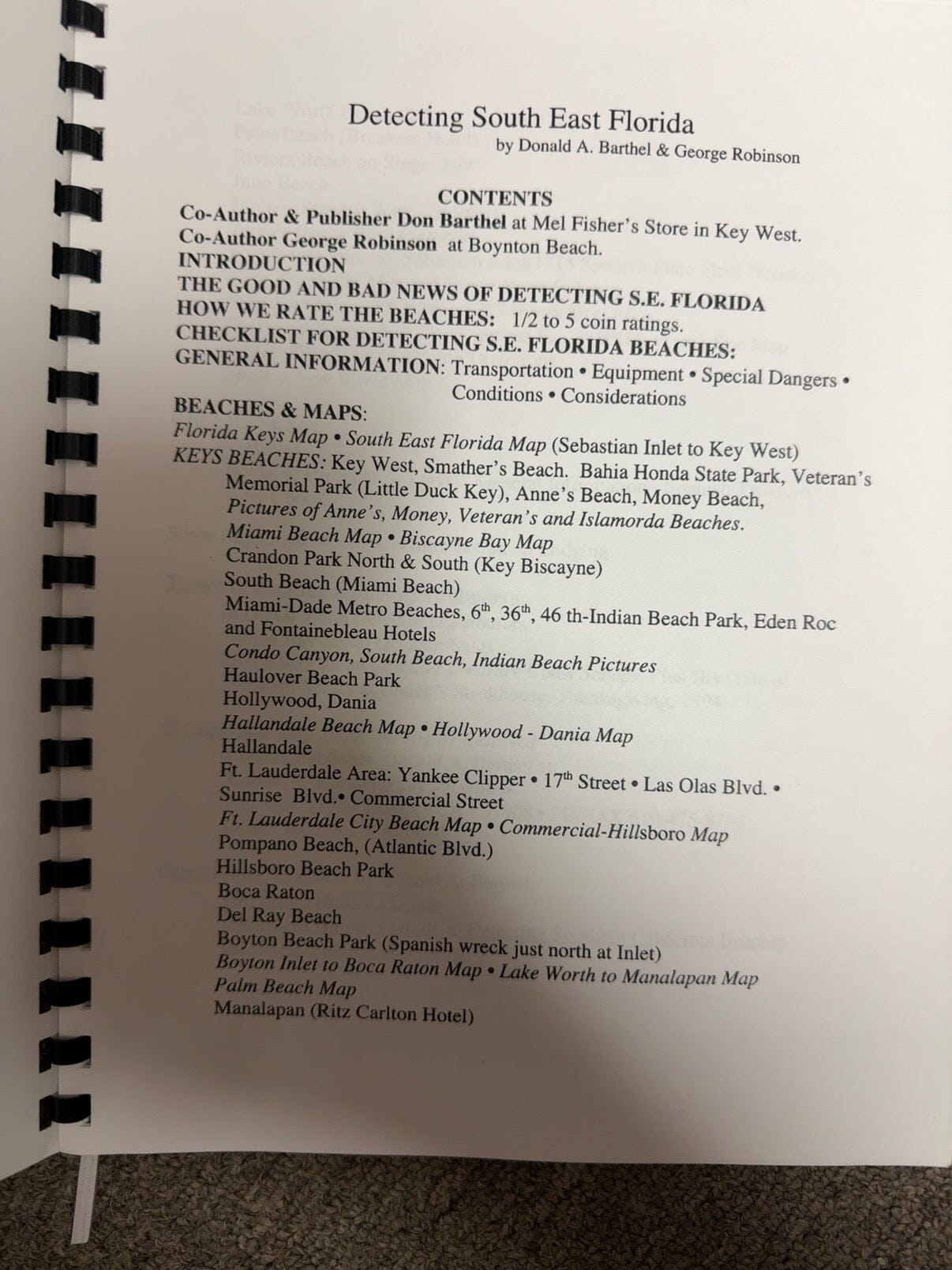 Detecting South-East Florida contents page showing beaches and maps covered
