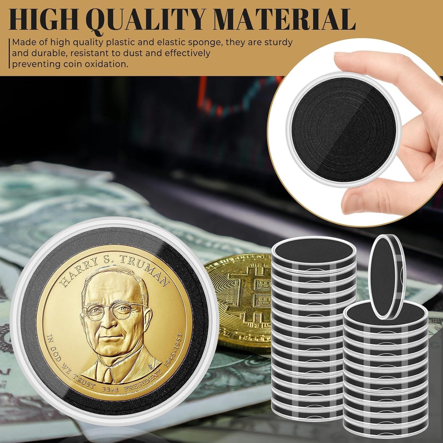 Set of 120 clear coin capsules with black foam rings