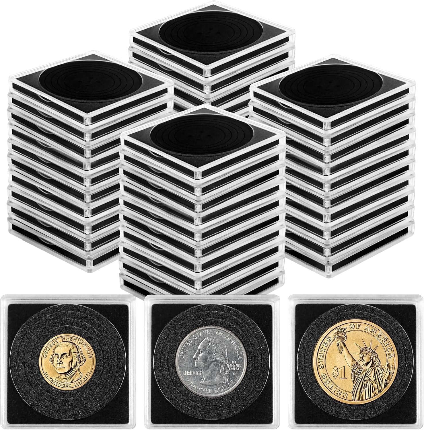 Clear square coin holders with adjustable foam inserts