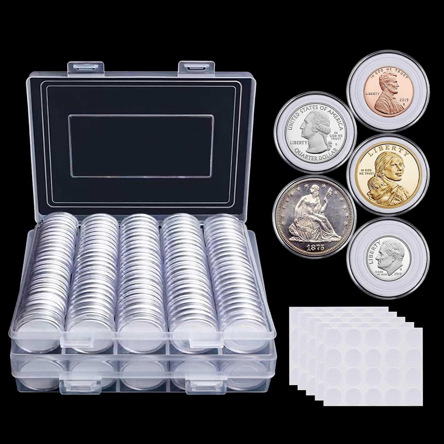 High Plains 240-pack clear 30 mm coin capsules with organizers