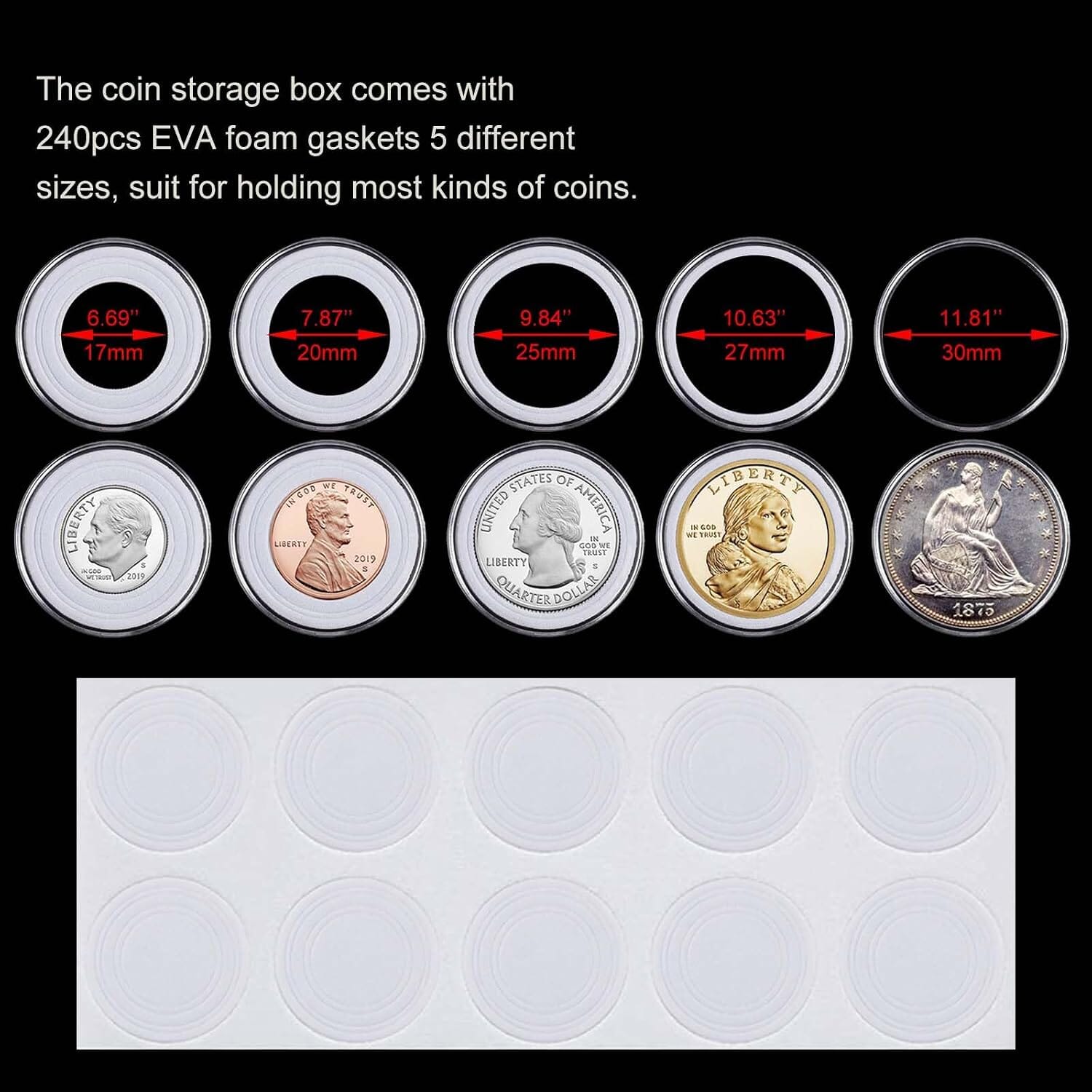 Clear 30 mm coin capsules with adjustable foam inserts