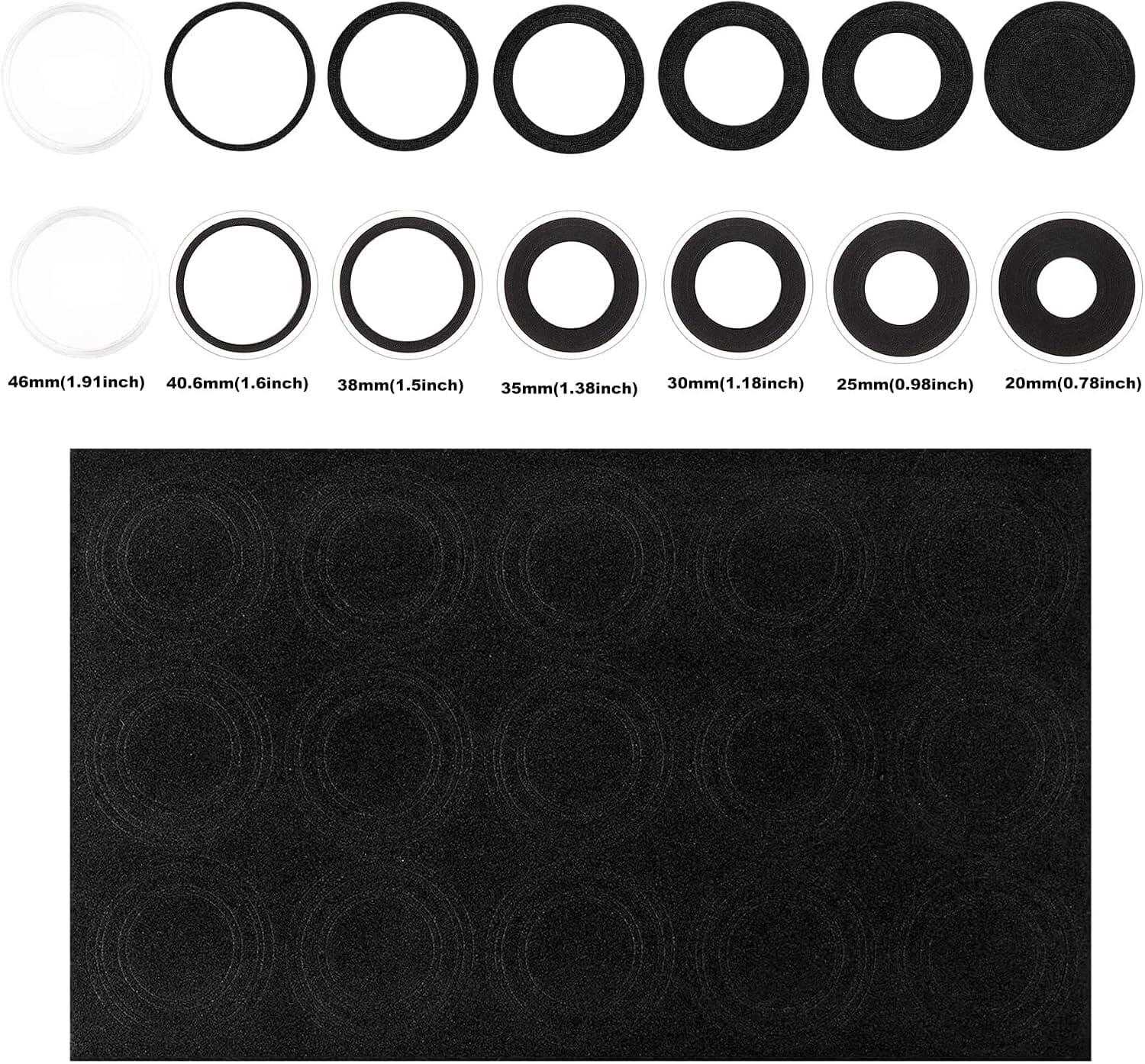 Adjustable coin capsule insert size guide from 20 to 46 mm