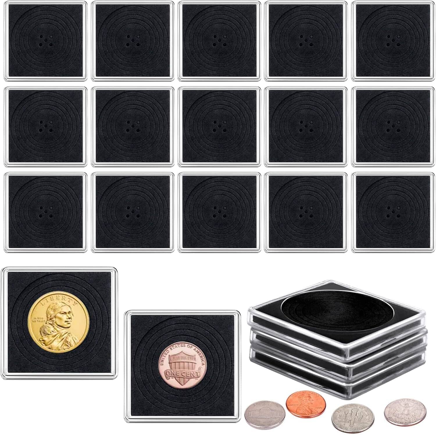 Adjustable clear square coin holder displaying collectible coin