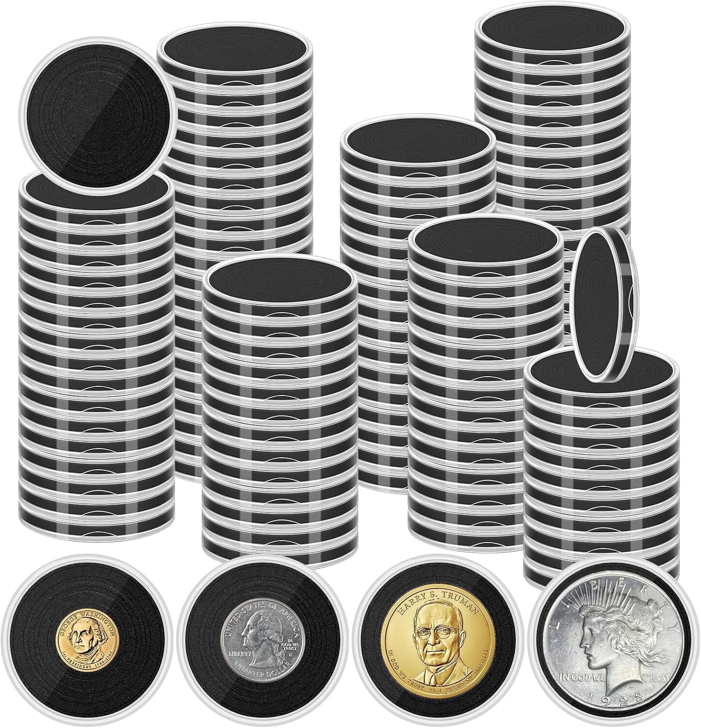 High Plains clear coin capsules with adjustable black foam inserts