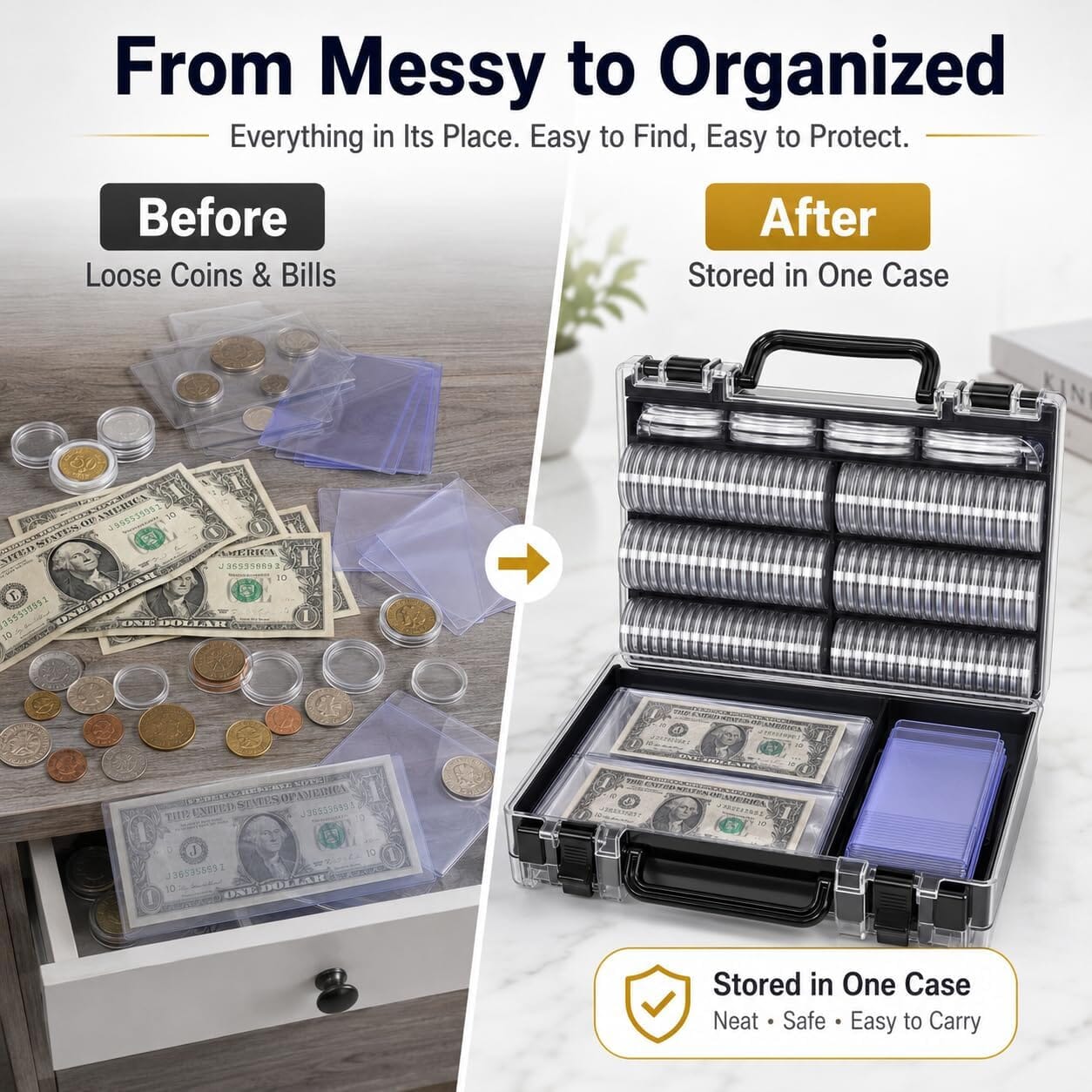 Coin capsules and paper currency sleeves included with collector case