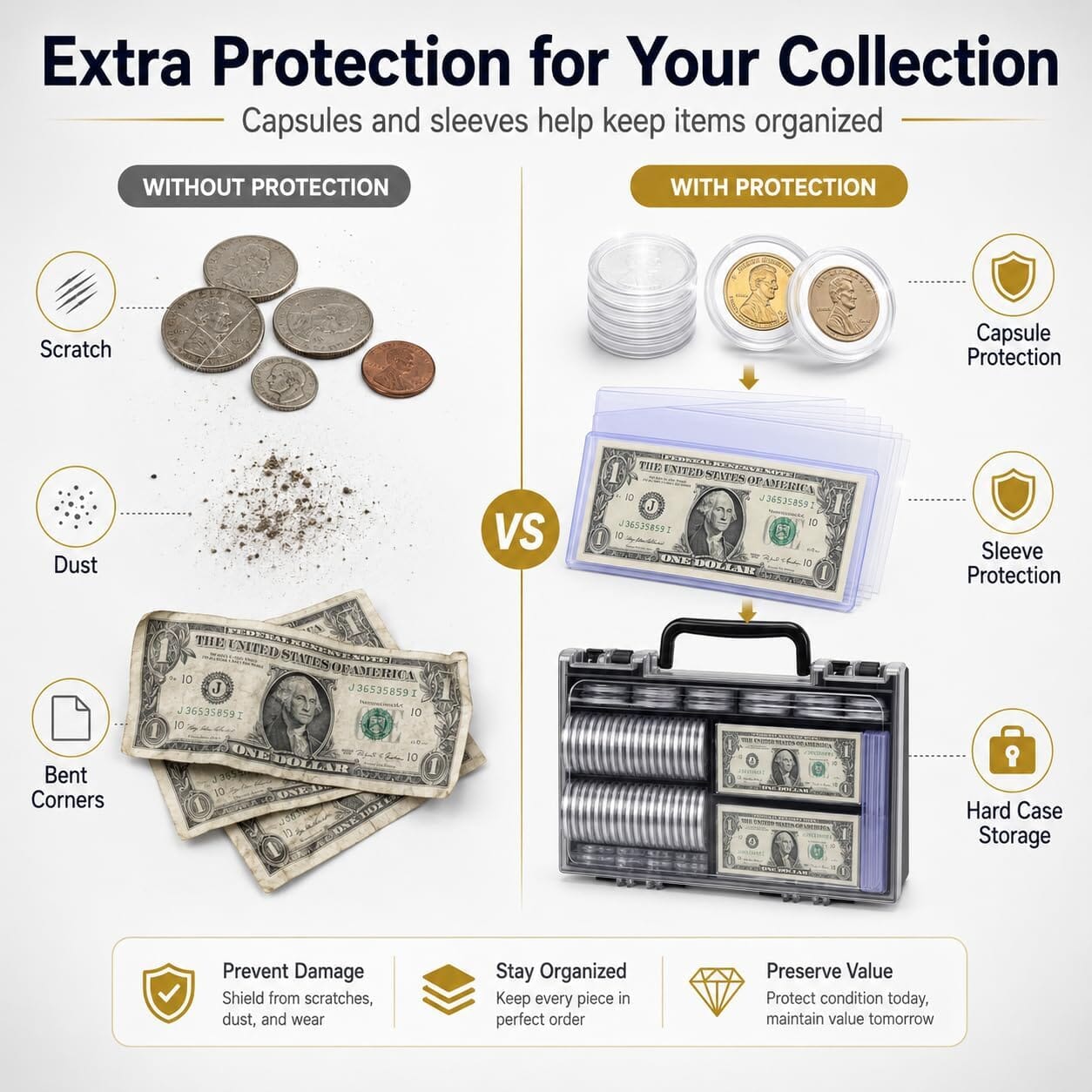 Open coin and currency collector case showing organized storage compartments