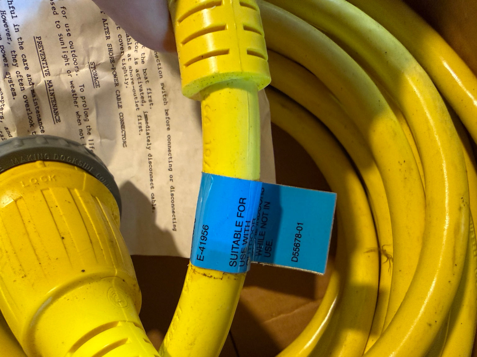 Hubbell marine shore power cable original identification tag and paperwork