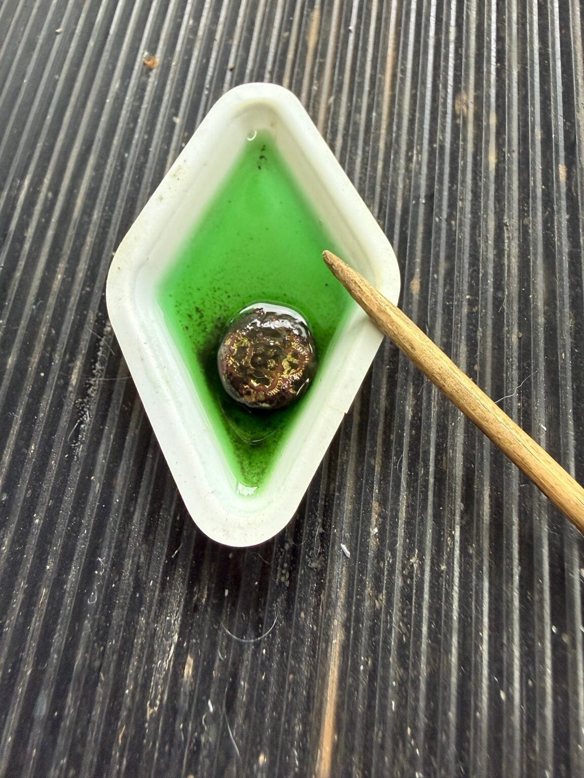 Close-up of relic soaking in Renaissance Metal De-Corroder solution