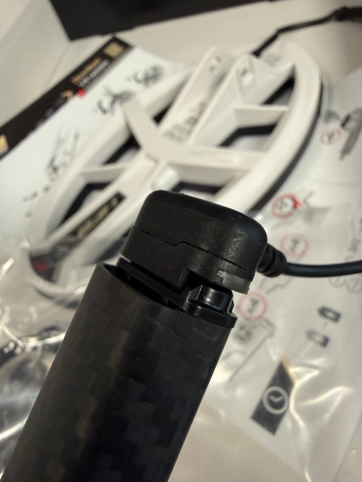 XP Deus 2 high frequency coil charging cable connector close-up