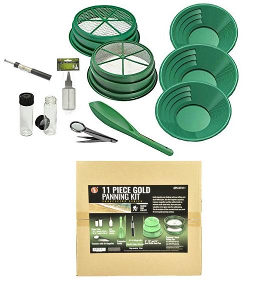 114 piece gold panning kit with three pans, two classifiers, treasure scoop, magnifier tweezers, gold snuffer bottle, black sand separator magnet, and two gold vials.