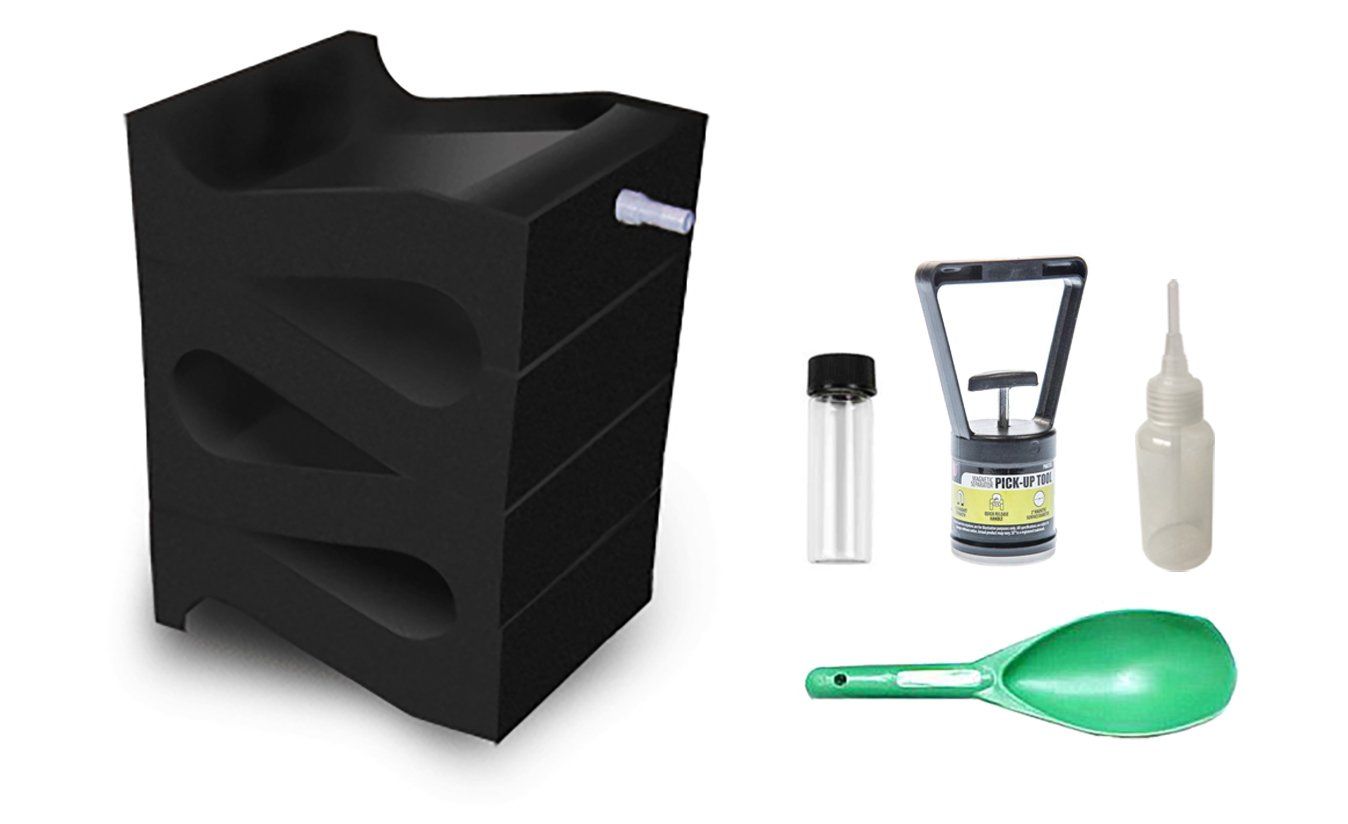 gold cube 4 stack solo glass vial, black sand magnet, snuffer bottle, and green treasure scoop